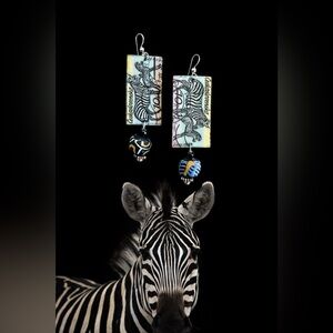 Zebra vintage postage stamp custom earrings African trade bead sterling OOAK